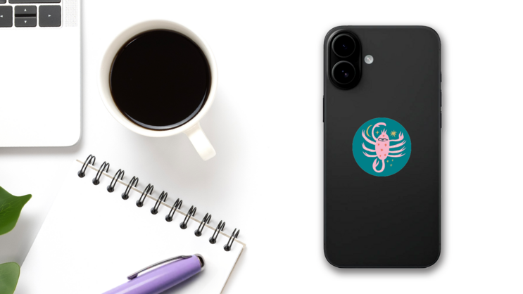 Abstract Scorpio Sign Space & Stars Boho Sticker on a Phone (New) example