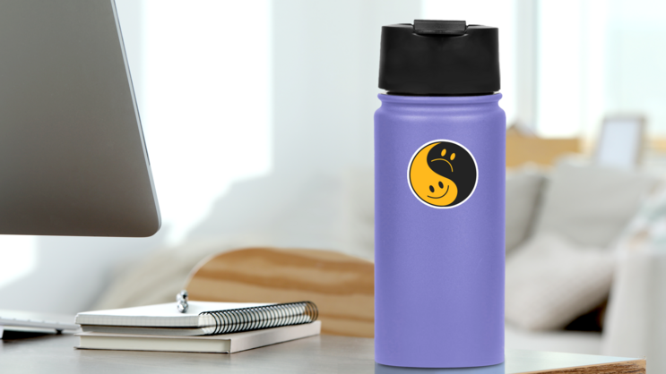 Abstract Trippy Yin Yang Smile Sticker on a Water Bottle (New) example