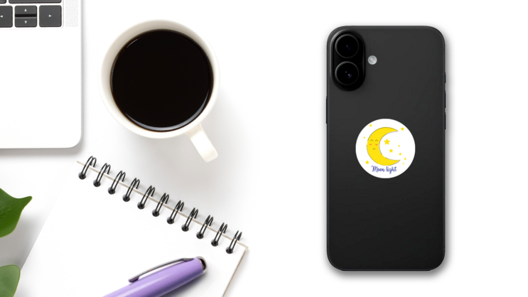 Adorable Blushing Moon Sticker on a Phone (New) example