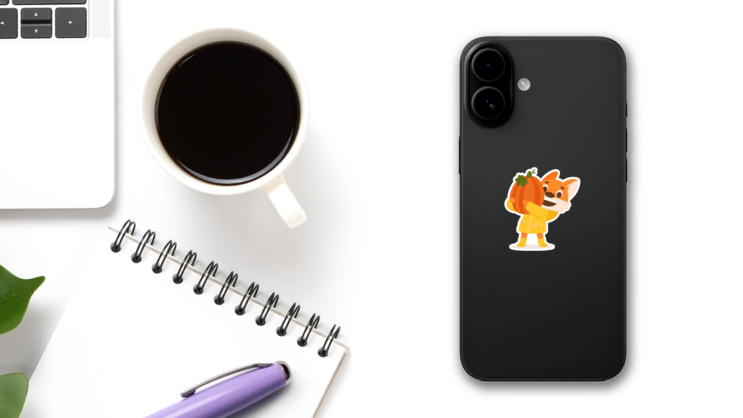 Adorable Fox Farmer Fall Pumpkin Sticker on a Phone (New) example