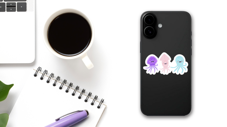 Adorable Octopus, Squid And Jellyfish Characters Sticker on a Phone (New) example