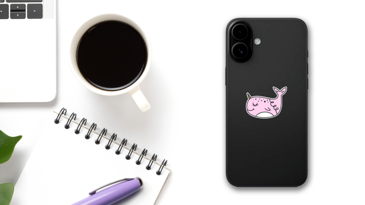 Adorable Pink Narwhal Line Art Sticker on a Phone (New) example