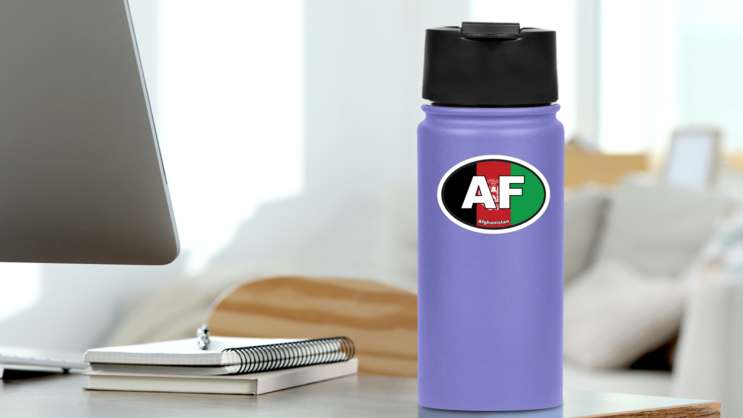 Afghanistan AF Flag Oval Sticker on a Water Bottle (New) example