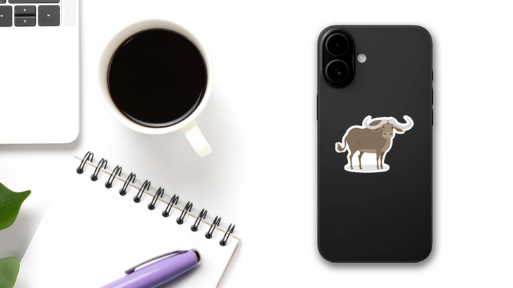African Buffalo Cartoon with Long Horns Sticker on a Phone (New) example