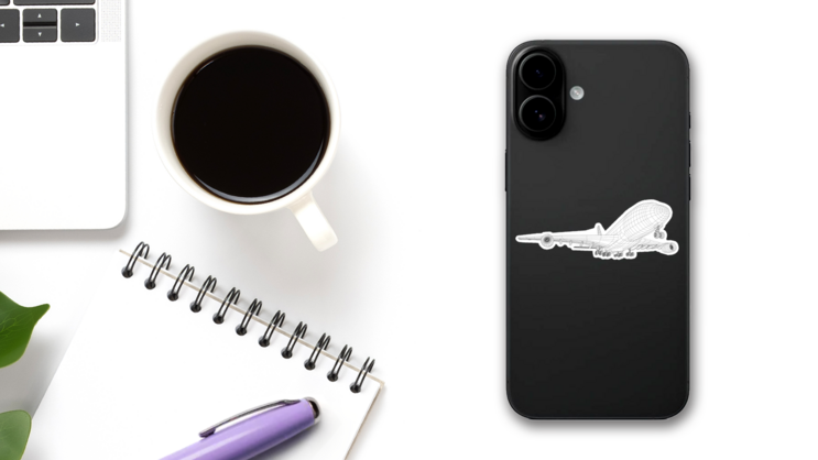 Airplane In Wire-frame Style Sticker on a Phone (New) example