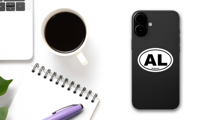 Alabama Al Oval Sticker on a Phone (New) example