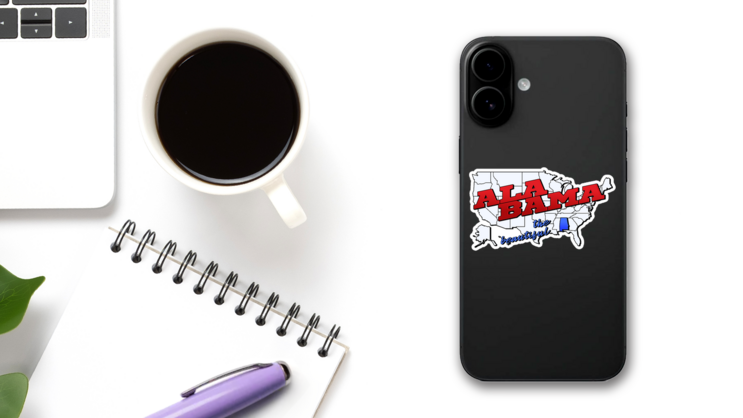 Alabama State Illustration With Lettering Sticker on a Phone (New) example
