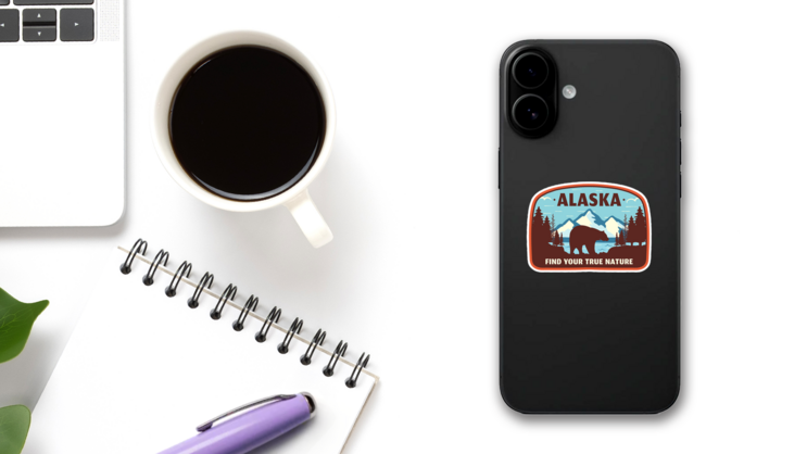 Alaska Bear Badge Sticker on a Phone (New) example