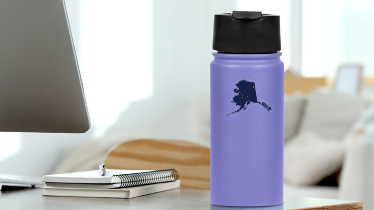 Alaska Flag State Sticker on a Water Bottle (New) example