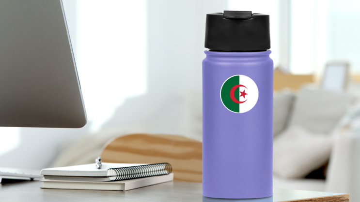 Algeria Round Country Flag Sticker on a Water Bottle (New) example