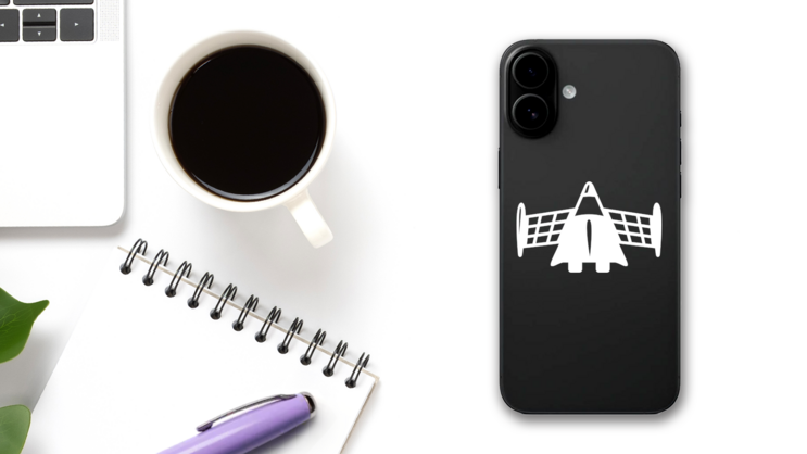 Alien Spaceship With Wings Sticker on a Phone (New) example