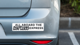 All Aboard The Hot Mess Express Bumper Sticker on a Grey Car Bumper example