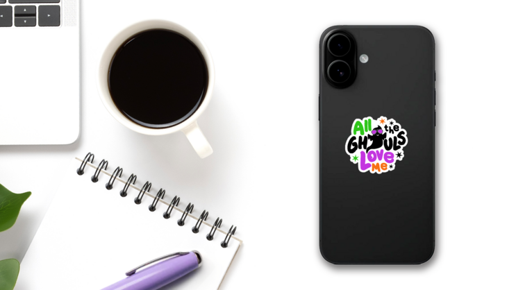 All The Ghouls Love Me Ghost Sticker on a Phone (New) example
