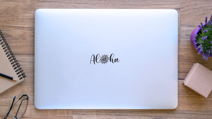 Aloha Decorative Flower Lettering Sticker on a Laptop (New) example