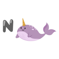 Alphabet N Narwhal Cartoon Sticker