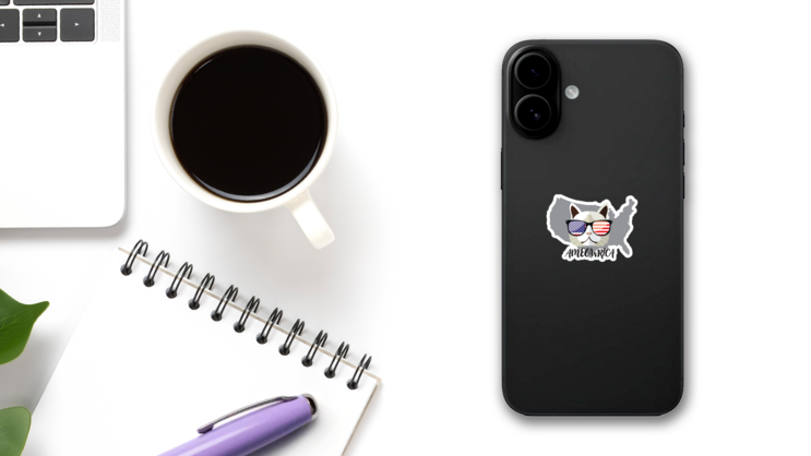 Ameowrica Fourth Of July Festive Cat Mascot Sticker on a Phone (New) example