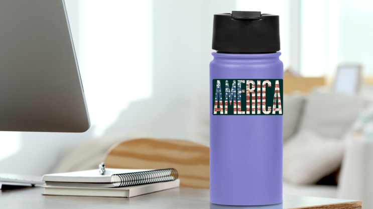 America Text with USA Flag Sticker on a Water Bottle (New) example