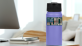 America Text with USA Flag Sticker on a Water Bottle (New) example