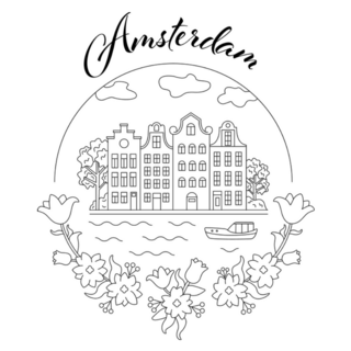 Amsterdam Monoline Illustration With Houses And Flowers Sticker