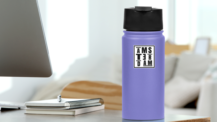 Amsterdam Typography Sticker on a Water Bottle (New) example