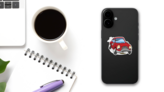 An Illustration Of A Sad Broken Down Red Cartoon Car Sticker on a Phone (New) example