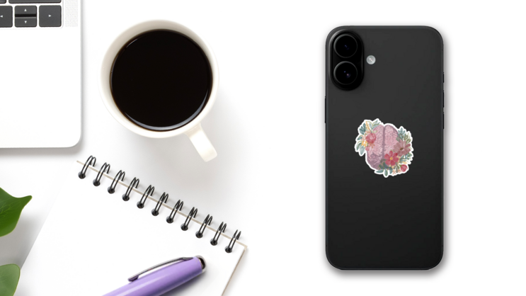 Anatomy Of The Brain With Flowers Sticker on a Phone (New) example