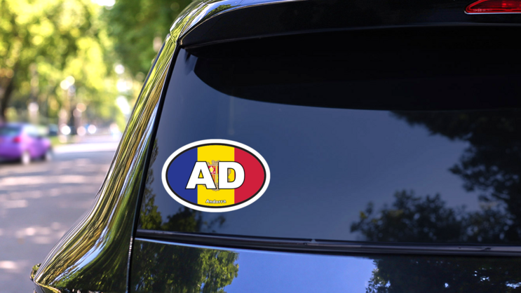 Andorra AD Flag Oval Sticker on a Rear Car Window (New) example