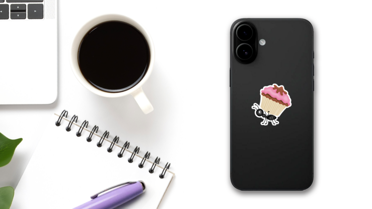 Ant Carrying Cupcake Sticker on a Phone (New) example