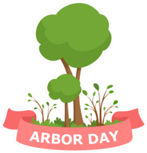 Arbor Day Illustration With Red Ribbon Sticker