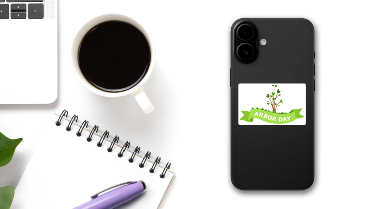 Arbor Day Tree Sapling With Green Ribbon Sticker on a Phone (New) example