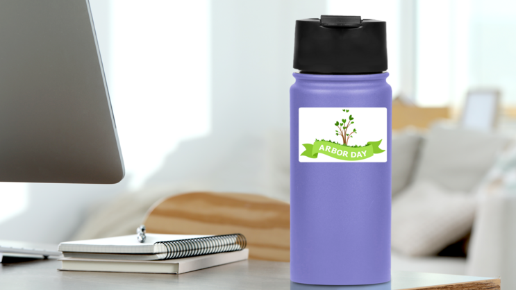 Arbor Day Tree Sapling With Green Ribbon Sticker on a Water Bottle (New) example