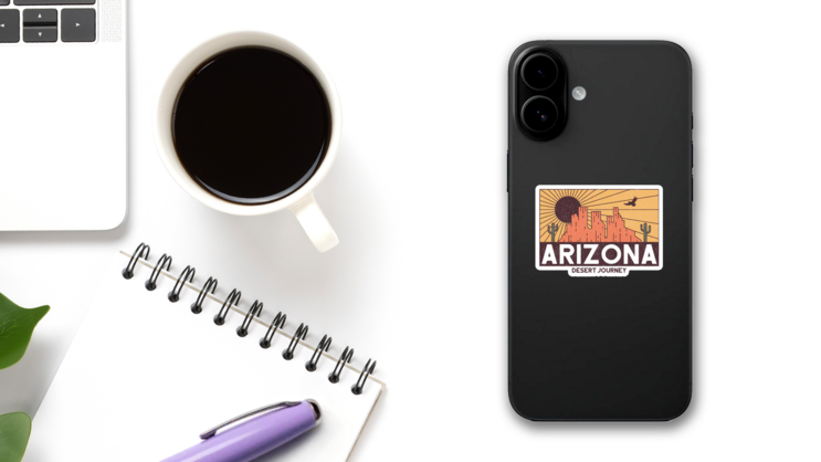 Arizona Desert Illustration With Rocky Mountains Sticker on a Phone (New) example