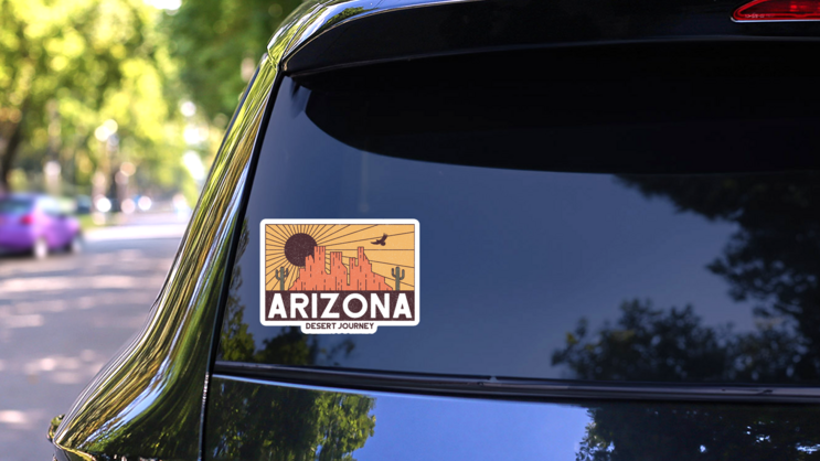 Arizona Desert Illustration With Rocky Mountains Sticker on a Rear Car Window (New) example