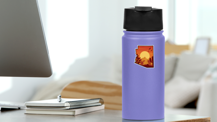 Arizona Desert Vibes Illustration With Map Frame Sticker on a Water Bottle (New) example