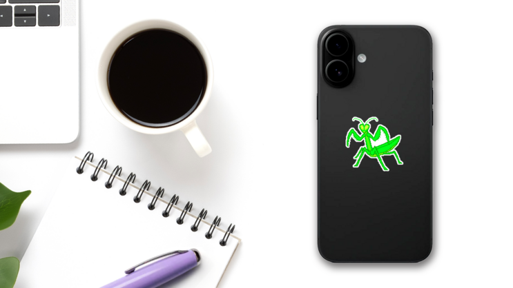 Art Of Praying Mantis Sticker on a Phone (New) example