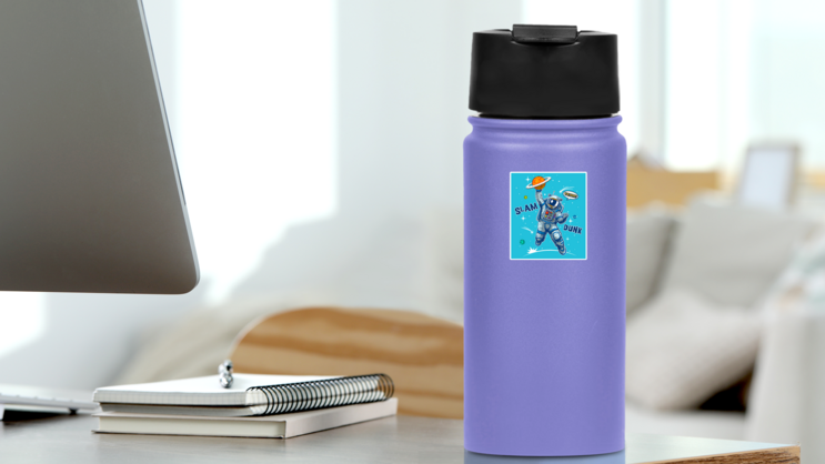 Astronaut Playing Basketball with the Planet Saturn Sticker on a Water Bottle (New) example