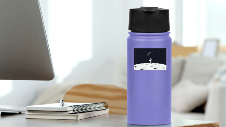 Astronaut Waving On Moon Sticker on a Water Bottle (New) example