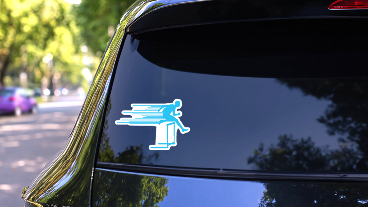 Athlete Man Hurdling In Track And Field Blue Sticker on a Rear Car Window (New) example