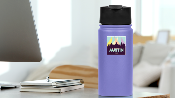 Austin Texas Usa Skyline Silhouette Spotlight Sticker on a Water Bottle (New) example