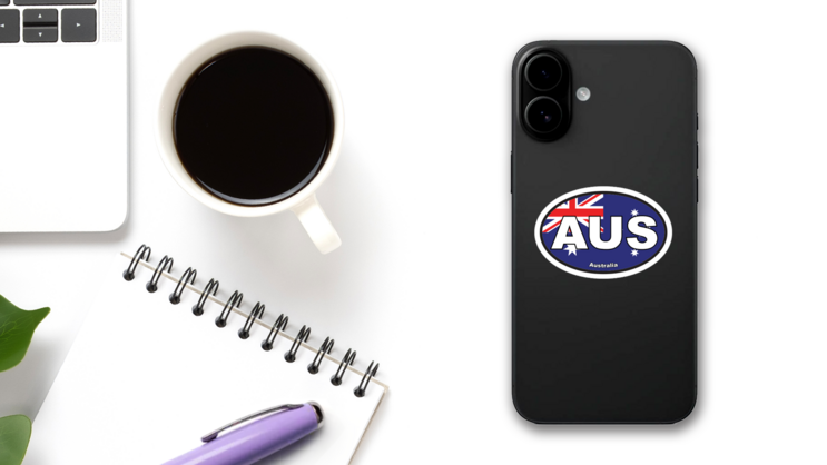 Australia Aus Flag Oval Sticker on a Phone (New) example