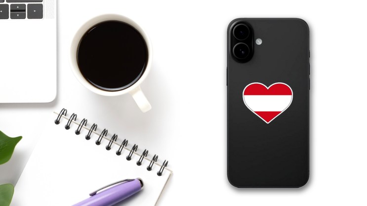 Austria Country Flag Shaped Heart Sticker on a Phone (New) example