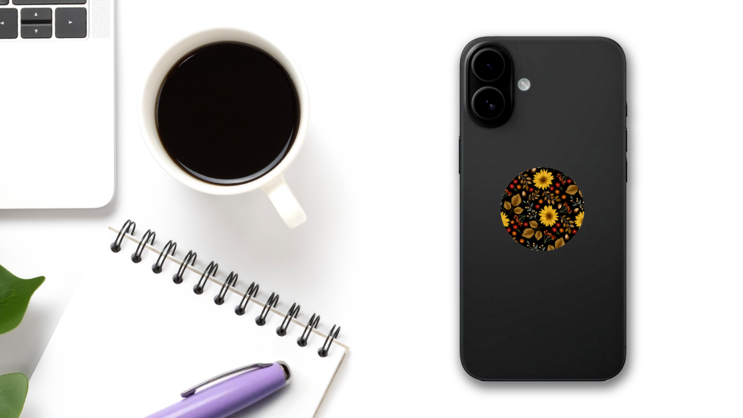 Autumn Sunflowers On Black Background Pattern Sticker on a Phone (New) example