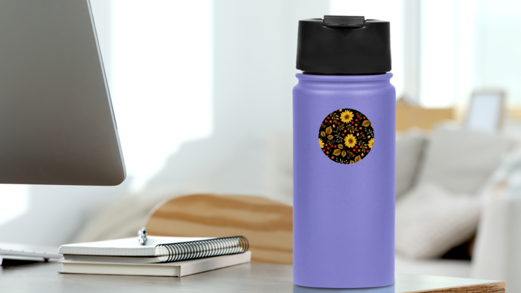 Autumn Sunflowers On Black Background Pattern Sticker on a Water Bottle (New) example
