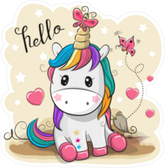 Baby Cartoon Unicorn With Butterflies And A Bird