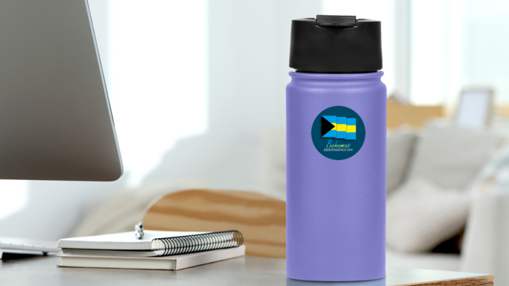 Bahamas Independence Square Sticker on a Water Bottle (New) example
