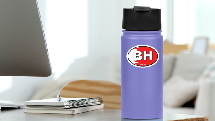 Bahrain Bh Flag Oval Sticker on a Water Bottle (New) example