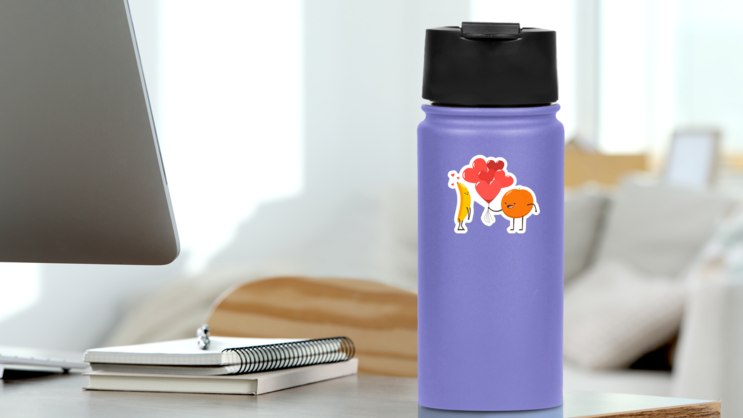 Banana And Orange With Hearts Sticker on a Water Bottle (New) example