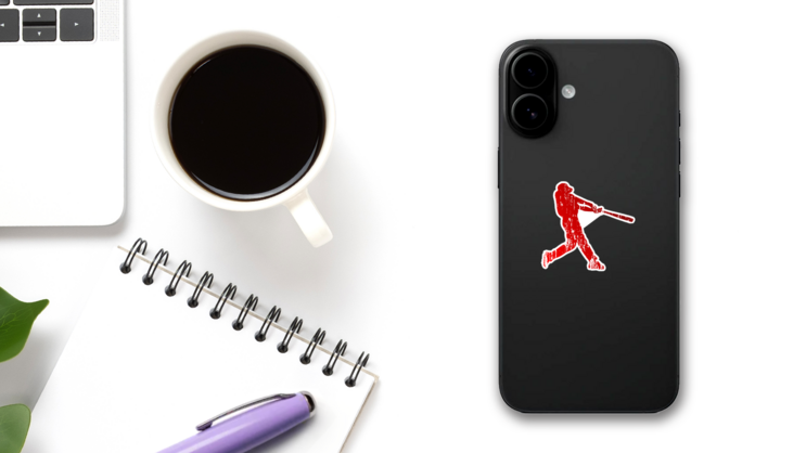 Baseball Player In Red Grunge Sticker on a Phone (New) example