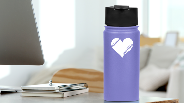 Baseball Seam Heart Cut-Out Sticker on a Water Bottle (New) example