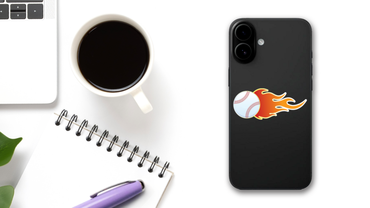 Baseball With Flames Sticker on a Phone (New) example
